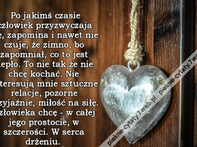 Po jakimś czasie człowiek przyzwyczaja się, zapomina i nawet nie czuje, że zimno, bo zapomniał, co to jest ciepło. To nie tak że nie chcę kochać. Nie interesują mnie sztuczne relacje, pozorne przyjaźnie, miłość na siłę. Człowieka chcę - w całej jego pros