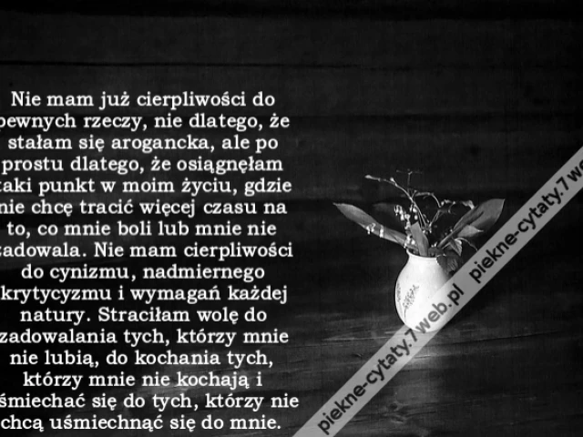 Nie mam już cierpliwości do pewnych rzeczy, nie dlatego, że stałam się arogancka, ale po prostu dlatego, że osiągnęłam taki punkt w moim życiu, gdzie nie chcę tracić więcej czasu na to, co mnie boli lub mnie nie zadowala. Nie mam cierpliwości do cynizmu,
