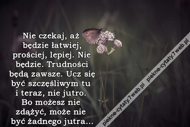 Nie czekaj, aż będzie łatwiej, prościej, lepiej. Nie będzie. Trudności będą zawsze. Ucz się być szczęśliwym tu i teraz, nie jutro. Bo możesz nie zdążyć, może nie być żadnego jutra...