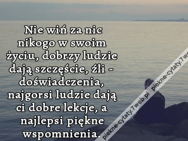 Nie wiń za nic nikogo w swoim życiu, dobrzy ludzie dają szczęście, źli - doświadczenia, najgorsi ludzie dają ci dobre lekcje, a najlepsi piękne wspomnienia.