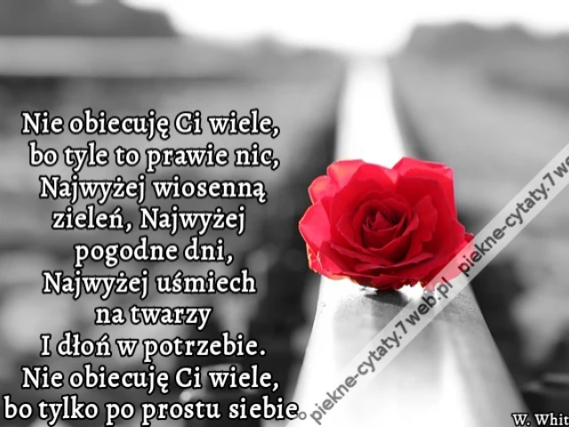 Nie obiecuję Ci wiele, bo tyle to prawie nic, Najwyżej wiosenną zieleń, Najwyżej pogodne dni, Najwyżej uśmiech na twarzy I dłoń w potrzebie. Nie obiecuję Ci wiele, bo tylko po prostu siebie.