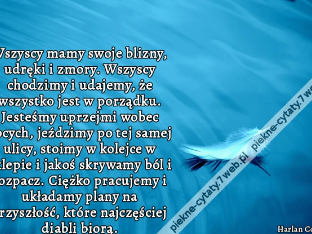 Wszyscy mamy swoje blizny, udręki i zmory. Wszyscy chodzimy i udajemy, że wszystko jest w porządku. Jesteśmy uprzejmi wobec obcych, jeździmy po tej samej ulicy, stoimy w kolejce w sklepie i jakoś skrywamy ból i rozpacz. Ciężko pracujemy i układamy plany n