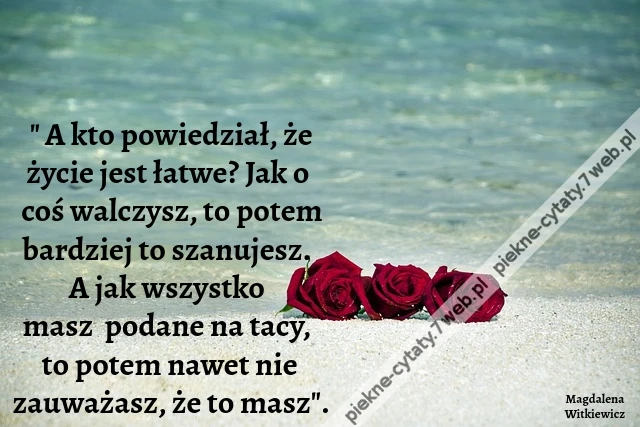" A kto powiedział, że życie jest łatwe? Jak o coś walczysz, to potem bardziej to szanujesz. A jak wszystko masz podane na tacy, to potem nawet nie zauważasz, że to masz".