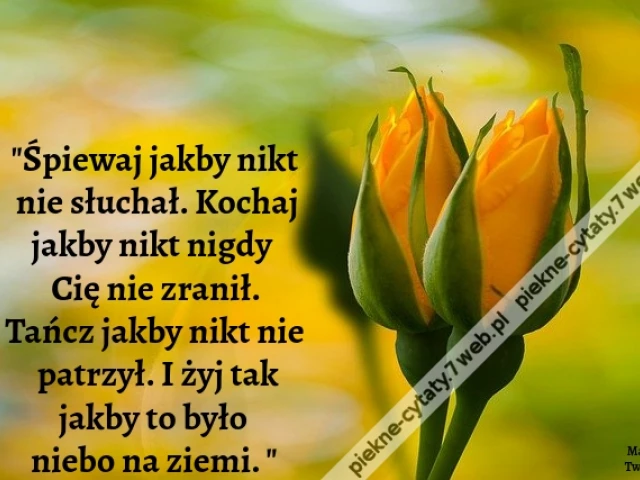 Śpiewaj jakby nikt nie słuchał. Kochaj jakby nikt nigdy Cię nie zranił. Tańcz jakby nikt nie patrzył. I żyj tak jakby to było niebo na ziemi.