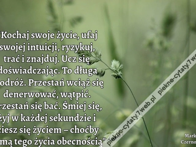 "Kochaj swoje życie, ufaj swojej intuicji, ryzykuj, trać i znajduj. Ucz się doświadczając. To długa podróż. Przestań wciąż się denerwować, wątpić. Przestań się bać. Śmiej się, żyj w każdej sekundzie i ciesz się życiem – choćby samą tego życia obecnością"