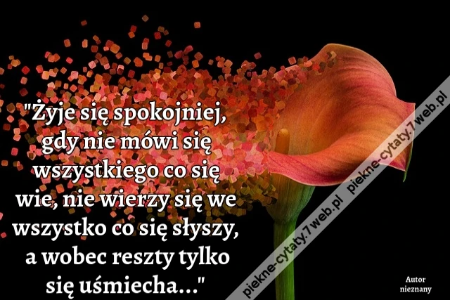 "Żyje się spokojniej, gdy nie mówi się wszystkiego co się wie, nie wierzy się we wszystko co się słyszy, a wobec reszty tylko się uśmiecha..."