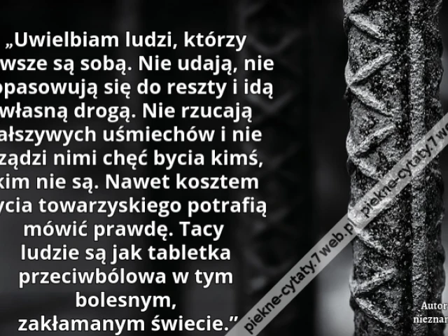 „Uwielbiam ludzi, którzy zawsze są sobą. Nie udają, nie dopasowują się do reszty i idą własną drogą. Nie rzucają fałszywych uśmiechów i nie rządzi nimi chęć bycia kimś, kim nie są. Nawet kosztem życia towarzyskiego potrafią mówić prawdę. Tacy ludzie są ja