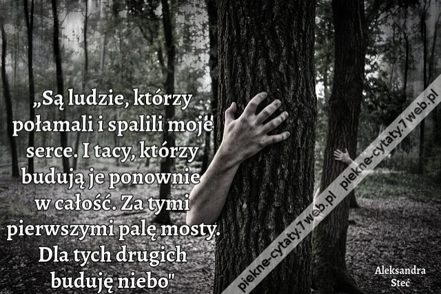 „Są ludzie, którzy połamali i spalili moje serce. I tacy, którzy budują je ponownie w całość. Za tymi pierwszymi palę mosty. Dla tych drugich buduję niebo&quot;