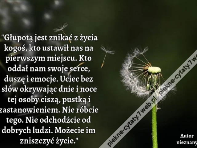 Głupotą jest znikać z życia kogoś, kto ustawił nas na pierwszym miejscu. Kto oddał nam swoje serce, duszę i emocje. Uciec bez słów okrywając dnie i noce tej osoby ciszą, pustką i zastanowieniem. Nie róbcie tego. Nie odchodźcie od dobrych ludzi. Możecie im