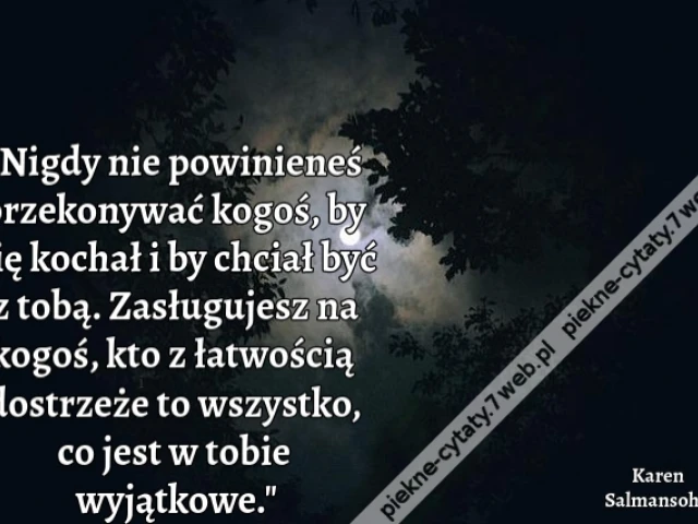 Nigdy nie powinieneś przekonywać kogoś, by cię kochał i by chciał być z tobą. Zasługujesz na kogoś, kto z łatwością dostrzeże to wszystko, co jest w tobie wyjątkowe.