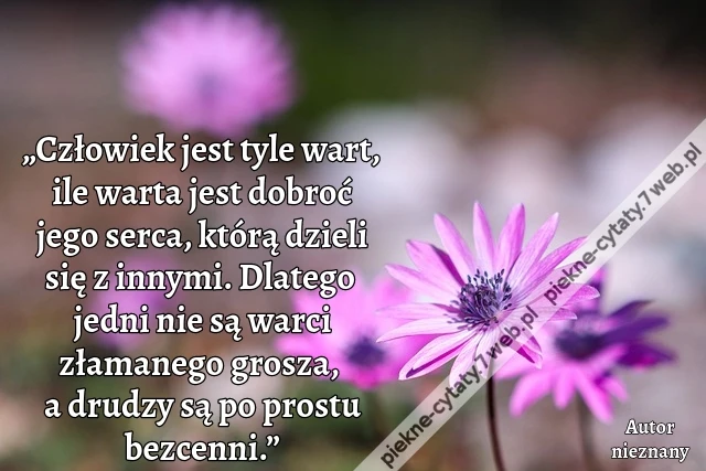 „Człowiek jest tyle wart, ile warta jest dobroć jego serca, którą dzieli się z innymi. Dlatego jedni nie są warci złamanego grosza, a drudzy są po prostu bezcenni.”