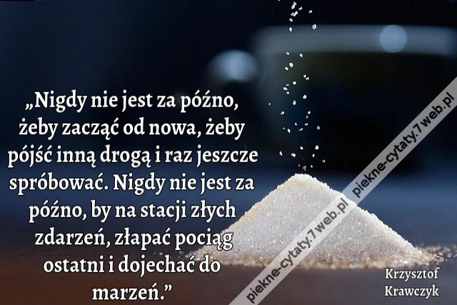 „Nigdy nie jest za późno, żeby zacząć od nowa, żeby pójść inną drogą i raz jeszcze spróbować. Nigdy nie jest za późno, by na stacji złych zdarzeń, złapać pociąg ostatni i dojechać do marzeń.”