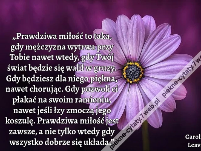 „Prawdziwa miłość to taka, gdy mężczyzna wytrwa przy Tobie nawet wtedy, gdy Twój świat będzie się walił w gruzy. Gdy będziesz dla niego piękna, nawet chorując. Gdy pozwoli ci płakać na swoim ramieniu, nawet jeśli łzy zmoczą jego koszulę. Prawdziwa miłość
