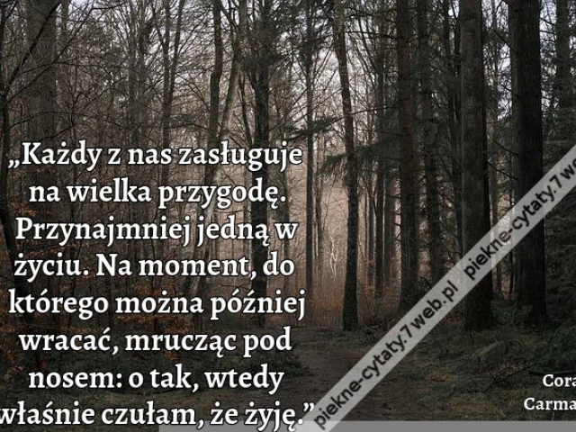 „Każdy z nas zasługuje na wielka przygodę. Przynajmniej jedną w życiu. Na moment, do którego można później wracać, mrucząc pod nosem: o tak, wtedy właśnie czułam, że żyję.”