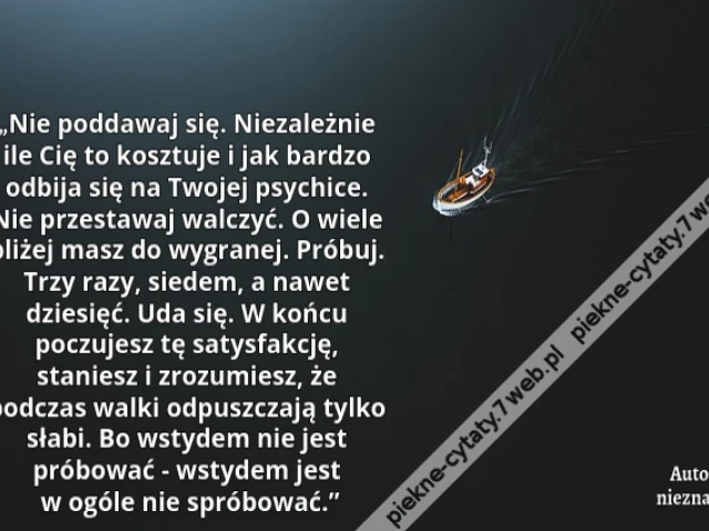 „Nie poddawaj się. Niezależnie ile Cię to kosztuje i jak bardzo odbija się na Twojej psychice. Nie przestawaj walczyć. O wiele bliżej masz do wygranej. Próbuj. Trzy razy, siedem, a nawet dziesięć. Uda się. W końcu poczujesz tę satysfakcję, staniesz i zroz