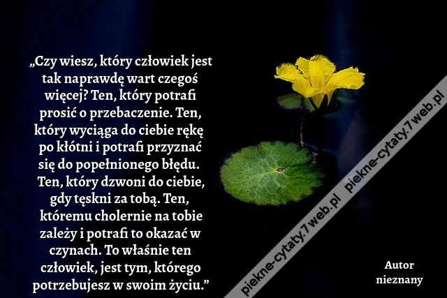 „Czy wiesz, który człowiek jest tak naprawdę wart czegoś więcej? Ten, który potrafi prosić o przebaczenie. Ten, który wyciąga do ciebie rękę po kłótni i potrafi przyznać się do popełnionego błędu. Ten, który dzwoni do ciebie, gdy tęskni za tobą. Ten, któr