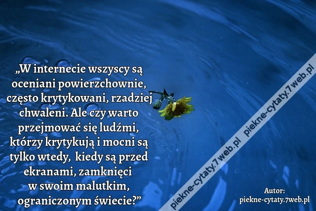 „W internecie wszyscy są oceniani powierzchownie, często krytykowani, rzadziej chwaleni. Ale czy warto przejmować się ludźmi, którzy krytykują i mocni są tylko wtedy, kiedy są przed ekranami, zamknięci w swoim malutkim, ograniczonym świecie?”