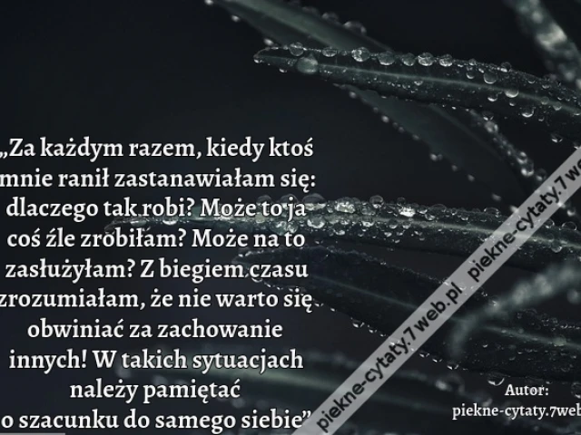 „Za każdym razem, kiedy ktoś mnie ranił zastanawiałam się: dlaczego tak robi? Może to ja coś źle zrobiłam? Może na to zasłużyłam? Z biegiem czasu zrozumiałam, że nie warto się obwiniać za zachowanie innych! W takich sytuacjach należy pamiętać o szacunku d