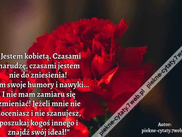 „Jestem kobietą. Czasami marudzę, czasami jestem nie do zniesienia! Mam swoje humory i nawyki… I nie mam zamiaru się zmieniać! Jeżeli mnie nie doceniasz i nie szanujesz, poszukaj kogoś innego i znajdź swój ideał!”