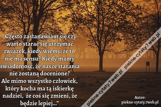 „Często zastanawiam się czy warto starać się utrzymać związek, kiedy wiemy, że to nie ma sensu? Kiedy mamy świadomość, że nasze starania nie zostaną docenione? Ale mimo wszystko człowiek, który kocha ma tą iskierkę nadziei, że coś się zmieni, że będzie l