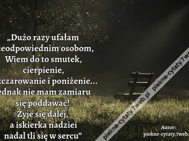 „Dużo razy ufałam nieodpowiednim osobom, Wiem do to smutek, cierpienie, rozczarowanie i poniżenie... Jednak nie mam zamaru się poddawać! Żyje się dalej, a iskierka nadziei nadal tli się w sercu”