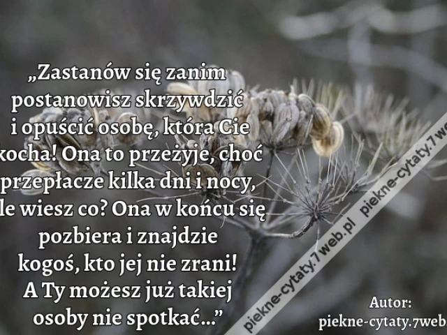 „Zastanów się zanim postanowisz skrzywdzić i opuścić osobę, która Cie kocha! Ona to przeżyje, choć przepłacze kilka dni i nocy, ale wiesz co? Ona w końcu się pozbiera i znajdzie kogoś, kto jej nie zrani! A Ty możesz już takiej osoby nie spotkać…”