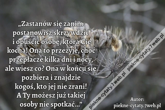„Zastanów się zanim postanowisz skrzywdzić i opuścić osobę, która Cie kocha! Ona to przeżyje, choć przepłacze kilka dni i nocy, ale wiesz co? Ona w końcu się pozbiera i znajdzie kogoś, kto jej nie zrani! A Ty możesz już takiej osoby nie spotkać…”
