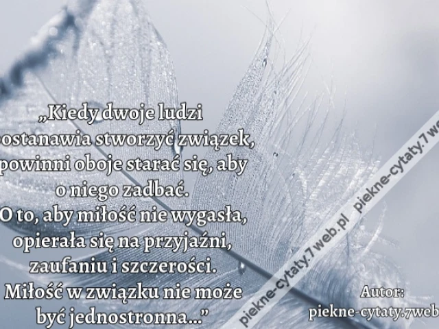 „Kiedy dwoje ludzi  postanawia stworzyć związek, powinni oboje starać się, aby o niego zadbać. O to, aby miłość nie wygasła, opierała się na przyjaźni, zaufaniu i szczerości. Miłość w związku nie może być jednostronna…”