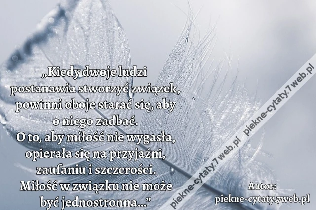 „Kiedy dwoje ludzi postanawia stworzyć związek, powinni oboje starać się, aby o niego zadbać. O to, aby miłość nie wygasła, opierała się na przyjaźni, zaufaniu i szczerości. Miłość w związku nie może być jednostronna…”