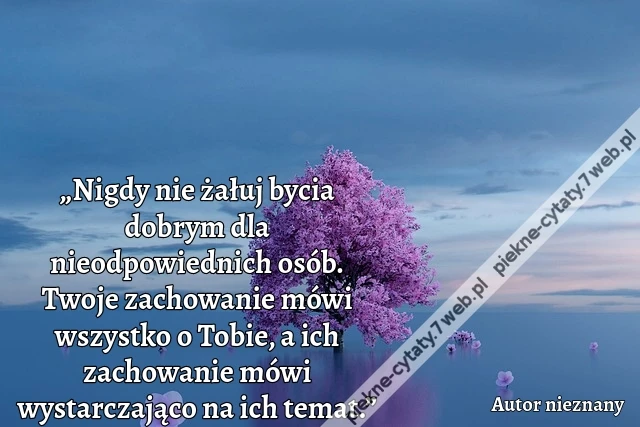„Nigdy nie żałuj bycia dobrym dla nieodpowiednich osób. Twoje zachowanie mówi wszystko o Tobie, a ich zachowanie mówi wystarczająco na ich temat.”
