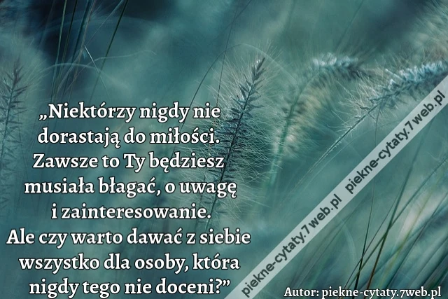„Niektórzy nigdy nie dorastają do miłości. Zawsze to Ty będziesz musiała błagać, o uwagę i zainteresowanie. Ale czy warto dawać z siebie wszystko dla osoby, która nigdy tego nie doceni?”