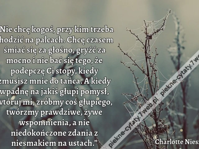 „Nie chcę kogoś, przy kim trzeba chodzić na palcach. Chcę czasem śmiać się za głośno, gryźć za mocno i nie bać się tego, że podepczę Ci stopy, kiedy zmusisz mnie do tańca. A kiedy wpadnę na jakiś głupi pomysł, wtóruj mi, zróbmy coś głupiego, twórzmy prawd