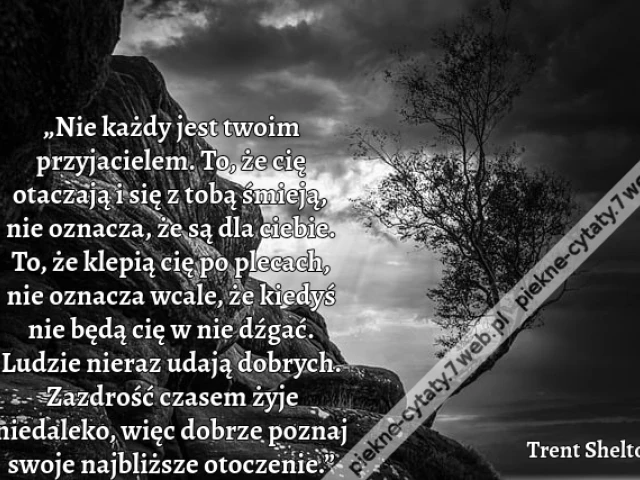„Nie każdy jest twoim przyjacielem. To, że cię otaczają i się z tobą śmieją, nie oznacza, że są dla ciebie. To, że klepią cię po plecach, nie oznacza wcale, że kiedyś nie będą cię w nie dźgać. Ludzie nieraz udają dobrych. Zazdrość czasem żyje niedaleko, w