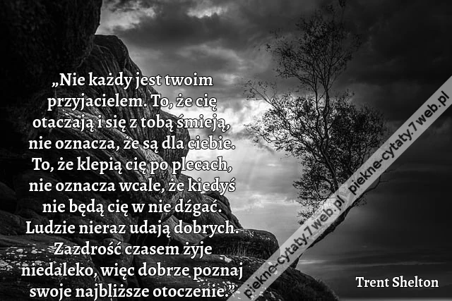 „Nie każdy jest twoim przyjacielem. To, że cię otaczają i się z tobą śmieją, nie oznacza, że są dla ciebie. To, że klepią cię po plecach, nie oznacza wcale, że kiedyś nie będą cię w nie dźgać. Ludzie nieraz udają dobrych. Zazdrość czasem żyje niedaleko, w