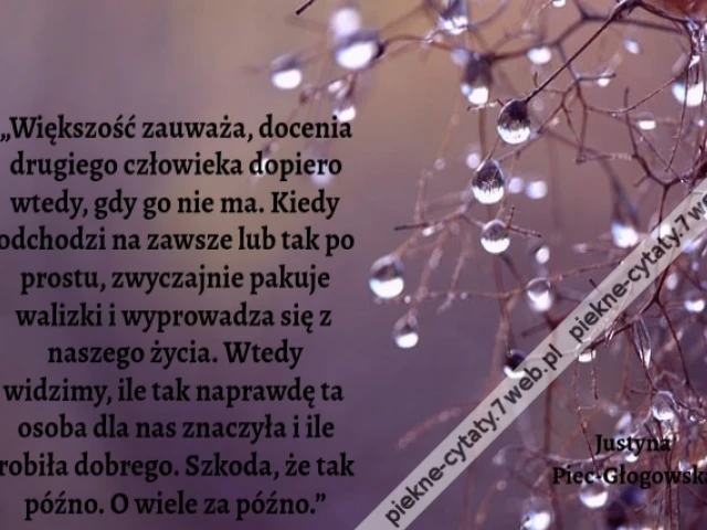„Większość zauważa, docenia drugiego człowieka dopiero wtedy, gdy go nie ma. Kiedy odchodzi na zawsze lub tak po prostu, zwyczajnie pakuje walizki i wyprowadza się z naszego życia. Wtedy widzimy, ile tak naprawdę ta osoba dla nas znaczyła i ile robiła dob