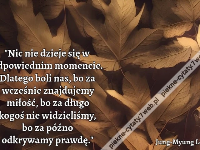 "Nic nie dzieje się w odpowiednim momencie. Dlatego boli nas, bo za wcześnie znajdujemy miłość, bo za długo kogoś nie widzieliśmy, bo za późno odkrywamy prawdę."