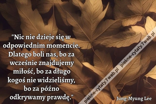 "Nic nie dzieje się w odpowiednim momencie. Dlatego boli nas, bo za wcześnie znajdujemy miłość, bo za długo kogoś nie widzieliśmy, bo za późno odkrywamy prawdę."