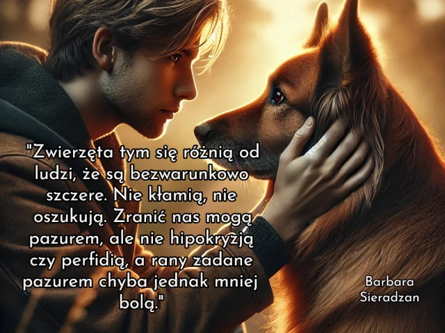 Zwierzęta tym się różnią od ludzi, że są bezwarunkowo szczere. Nie kłamią, nie oszukują. Zranić nas mogą pazurem, ale nie hipokryzją czy perfidią, a rany zadane pazurem chyba jednak mniej bolą.